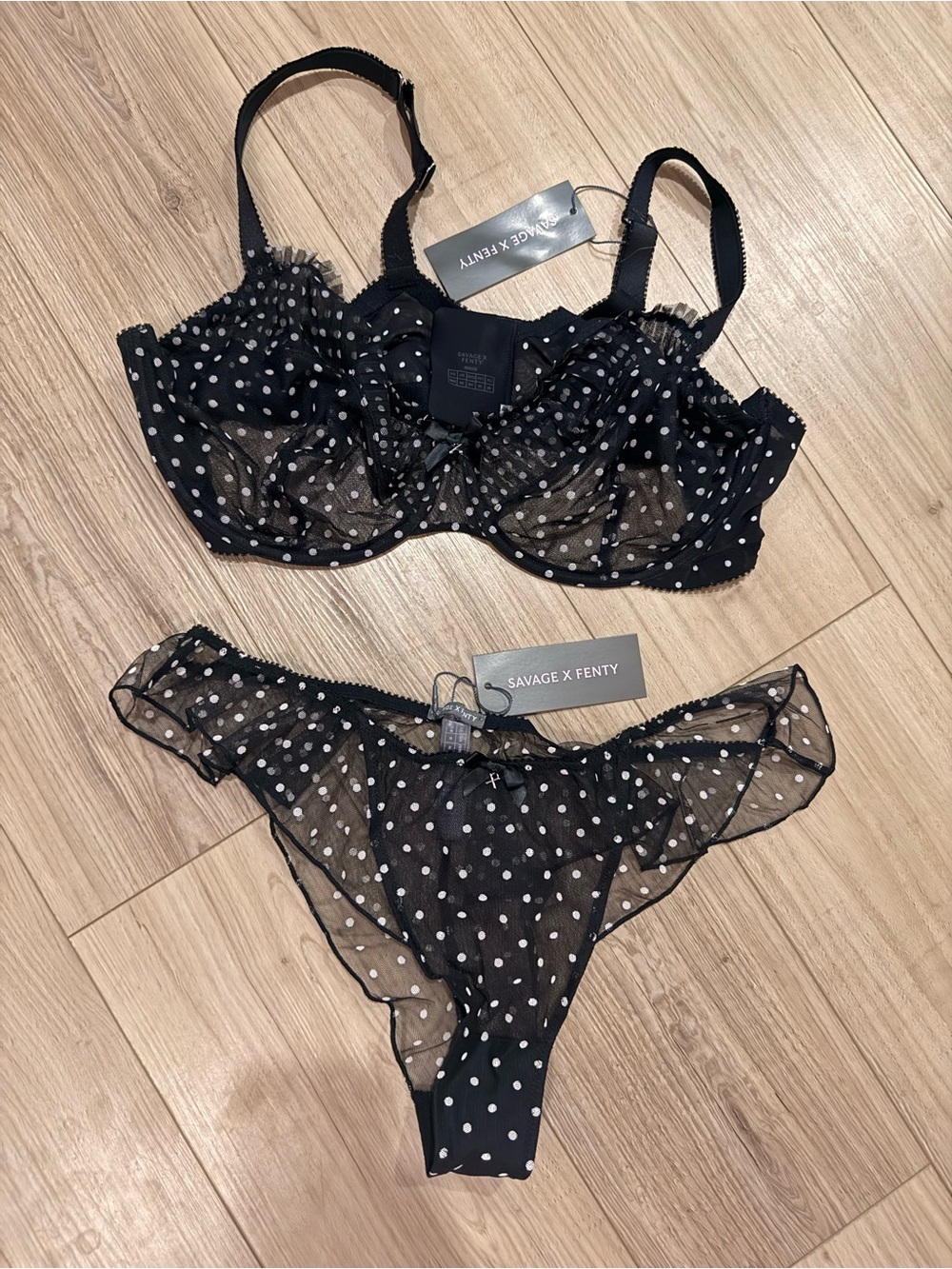 Savage X Fenty Black and White Polka Dot Mesh Underwire Bra & Cheeky Set